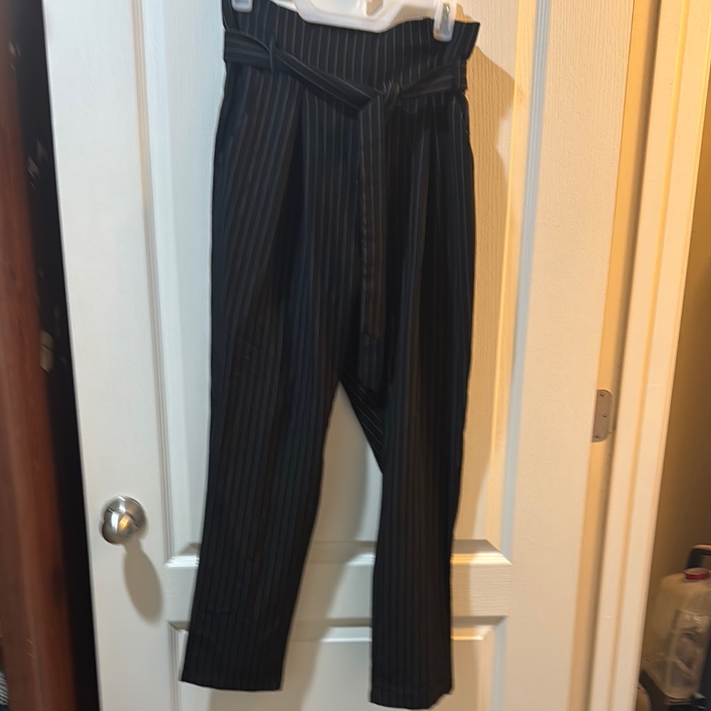 Black Striped High Waisted Woman’s Pants with Scalloped Tie